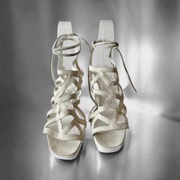 Vintage 80s Roger Vivier Caged Sandals on Platform Wedge, Off White Nubuk - Picture 2 of 16